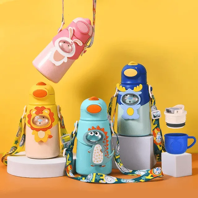 Animal Theme Dual Cup Water Bottle for Kids - BPA Free & Leak-Proof Design