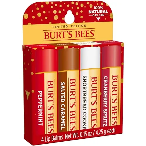 Burt's Bees Christmas Gifts, 4 Lip Balms Stocking Stuffers Products, Festive Fix Set - Peppermint, Salted Caramel, Cranberry Spritz & Shortbread Cookie (4-Pack)