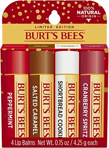 Burt's Bees Christmas Gifts, 4 Lip Balms Stocking Stuffers Products, Festive Fix Set - Peppermint, Salted Caramel, Cranberry Spritz & Shortbread Cookie (4-Pack)