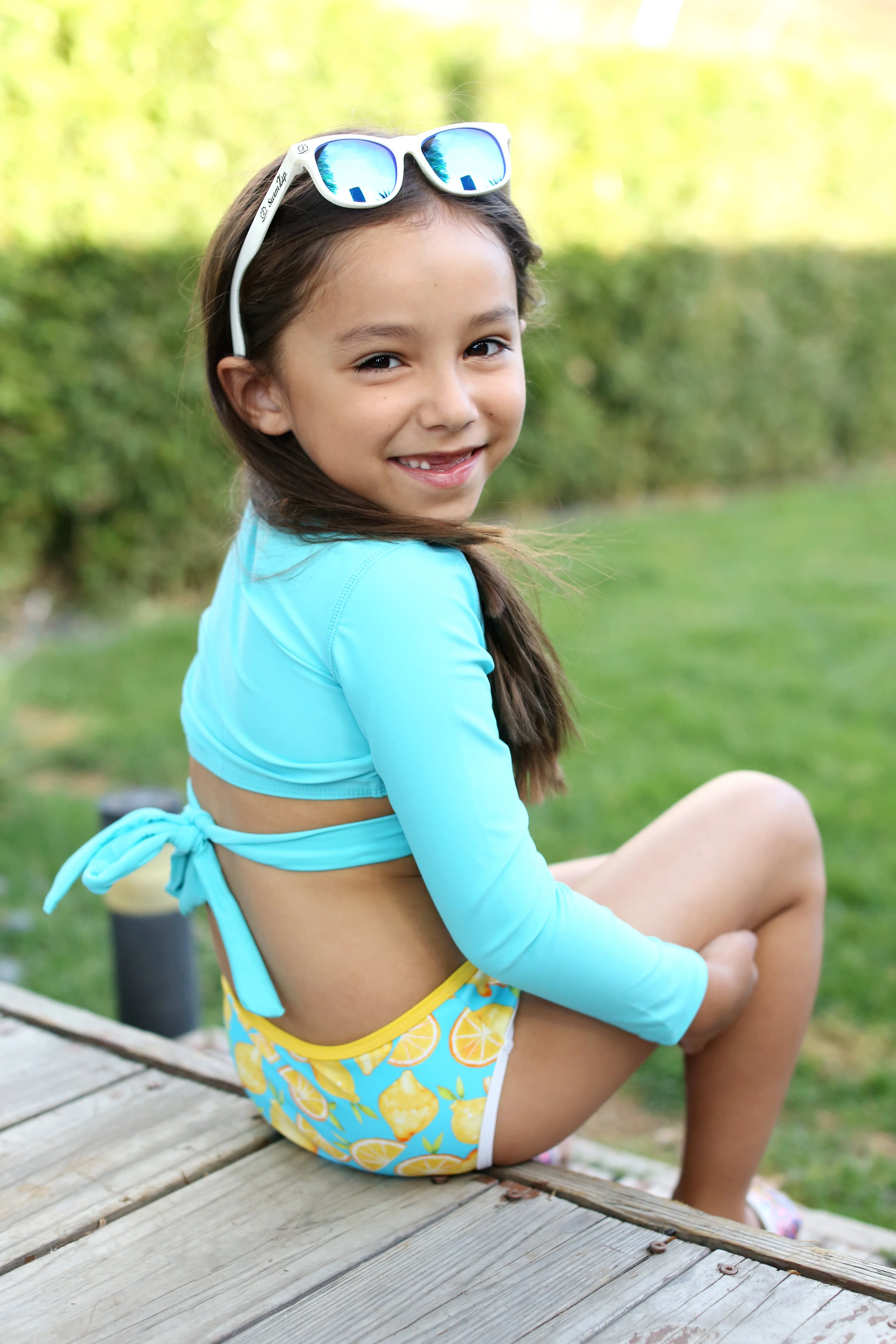 Girls Long Sleeve Swim Wrap Top - "Aqua"