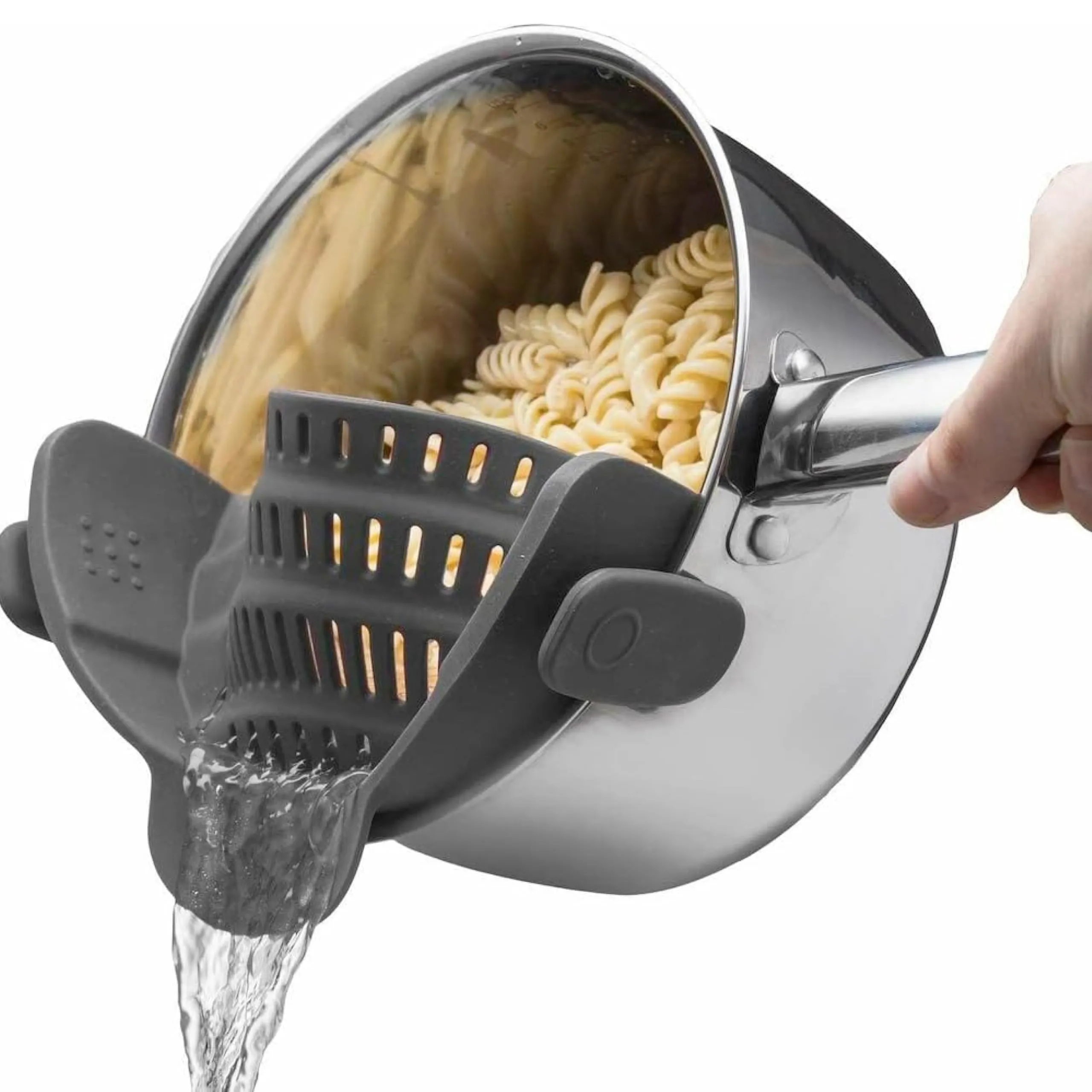 Kitchen Gizmo Snap N' Strain - Silicone Pasta Strainer Clip-On for Pots and Pans - Heat Resistant Colander for Vegetables and Noodles - Kitchen Gadgets for Cooking - Space-Saving Design - Grey