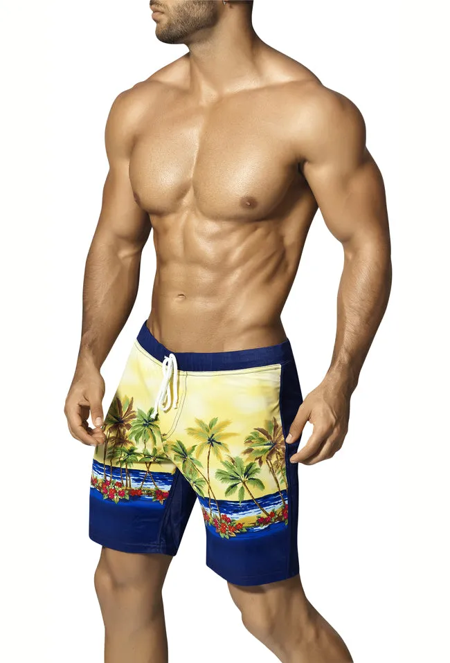 Vuthy Palm Tree Boardshorts Beachwear Blue/Yellow 320 Size M