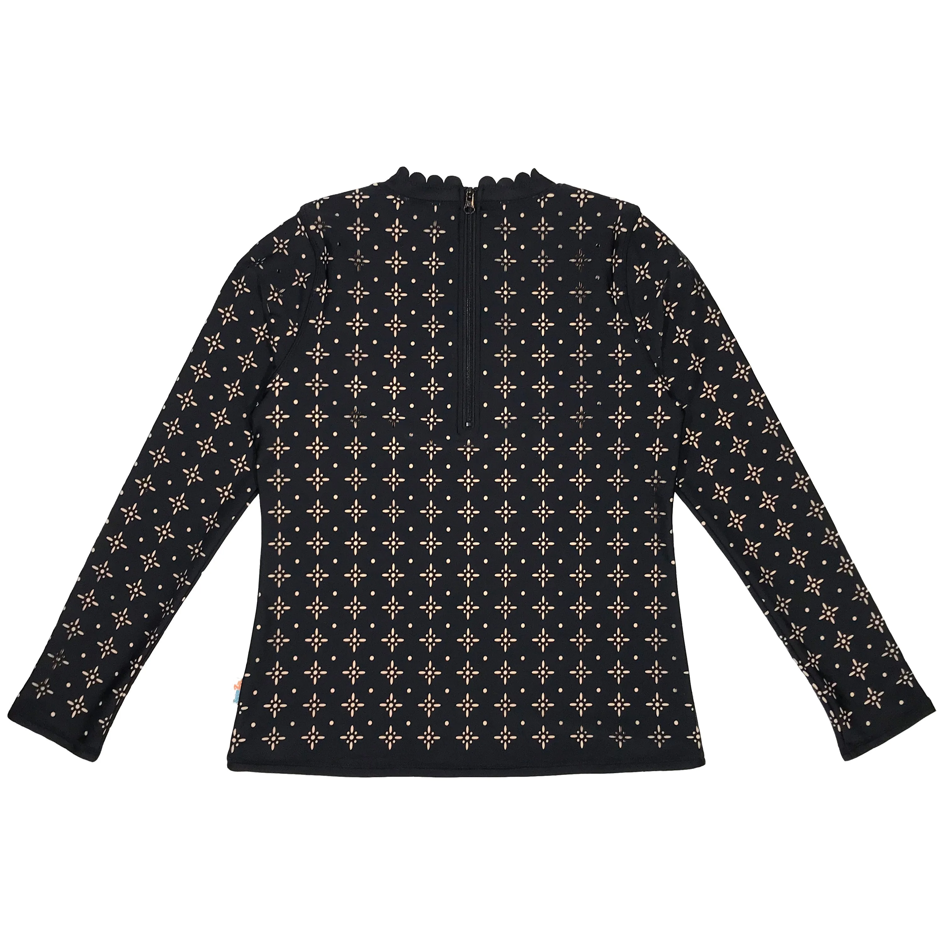 Women's Long Sleeve Laser Cut Scallop Neck Rash Guard - “Black”